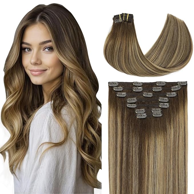 VINBAO Clip in Hair Extensions, Straight Hair Extensions Clip in Human Hair, 14inch 140g 7Pcs, 4/27/4 Balayage Chocolate Brown to Caramel Blonde, Clip ins for Women (#HC4274,14'')