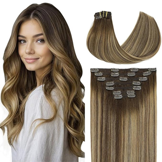 VINBAO Clip in Hair Extensions, Straight Hair Extensions Clip in Human Hair, 14inch 140g 7Pcs, 4/27/4 Balayage Chocolate Brown to Caramel Blonde, Clip ins for Women (#HC4274,14'')