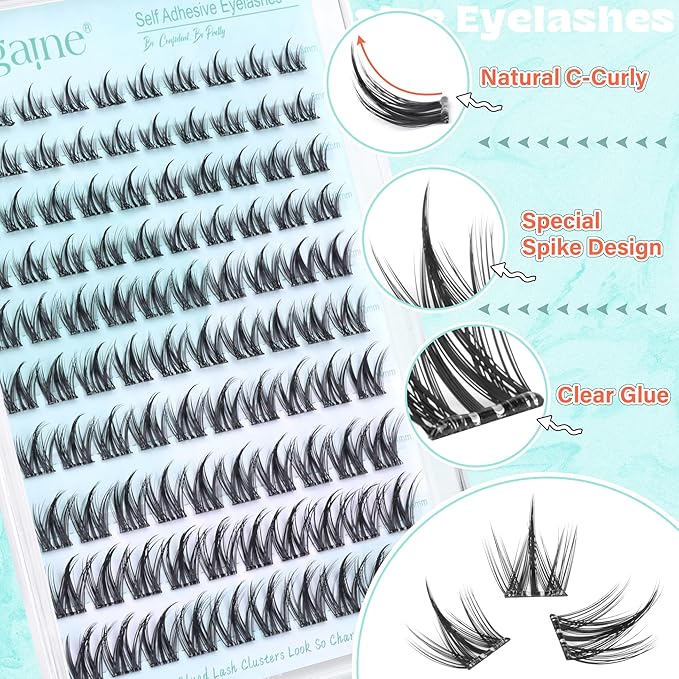 Zegaine Manga Self Adhesive Eyelashes Natural Look Self Adhesive Lash Clusters No Glue Needed Asian Anime Pre Glued Lashes Natural Lash Clusters Reusable C-Curly Spiky Pre Glued Eyelashes 8-16MM