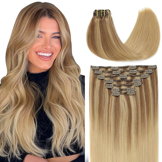 VINBAO Clip in Hair Extensions Human Hair Balayage Ash Blonde with Bleach Blonde Highlight Hair Extensions Clip in Human Hair Double Weft 160g 7 Pcs 20inch (#HC101616,20'')