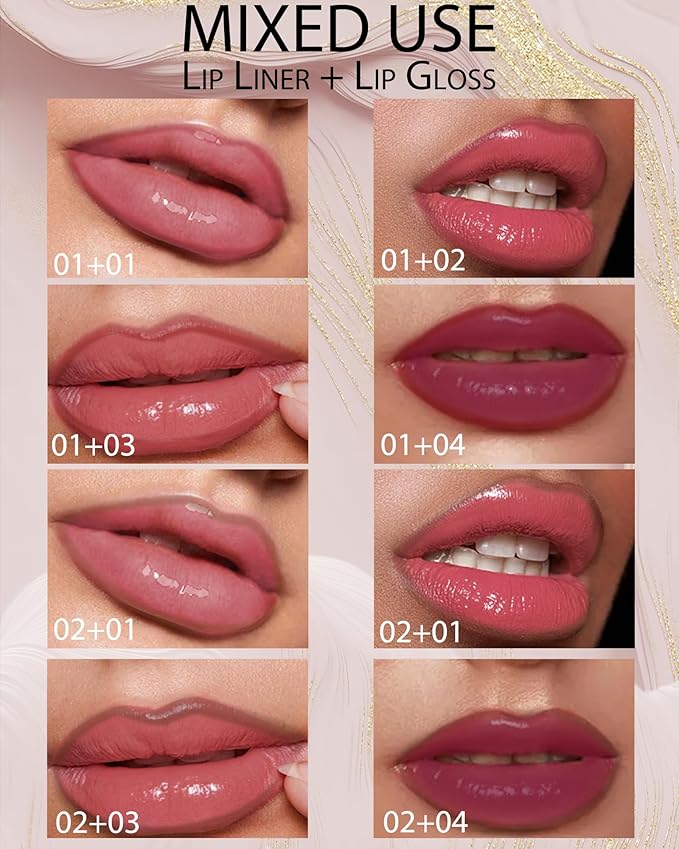 Peel Off Tattoo Lip Liner Stain Lip Gloss Combo Sets, 2 Colors Rose Pink Brown Matte Lip Liner and Nourishing Lip Gloss Tint Stain Kit, Long Lasting Waterproof Non Sticky Liquid Lipstick Makeup-Set 02