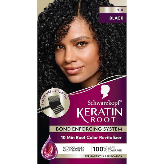 Schwarzkopf Keratin Root Permanent Hair Color Kit, 1.0 Black, 1-Application Root Touch-Up with Collagen & Vitamin B6, Complete Gray Coverage, Precision Brush, All Hair Types & Textures