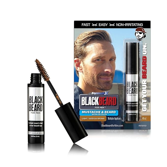 Blackbeard for Men Instant Beard Color – All Day Beard, Mustache, Eyebrow, and Sideburns Color – Temporary, Hypoallergenic Beard Dye Alternative – Up to 45 applications – Light/Medium Brown, 6 Pack