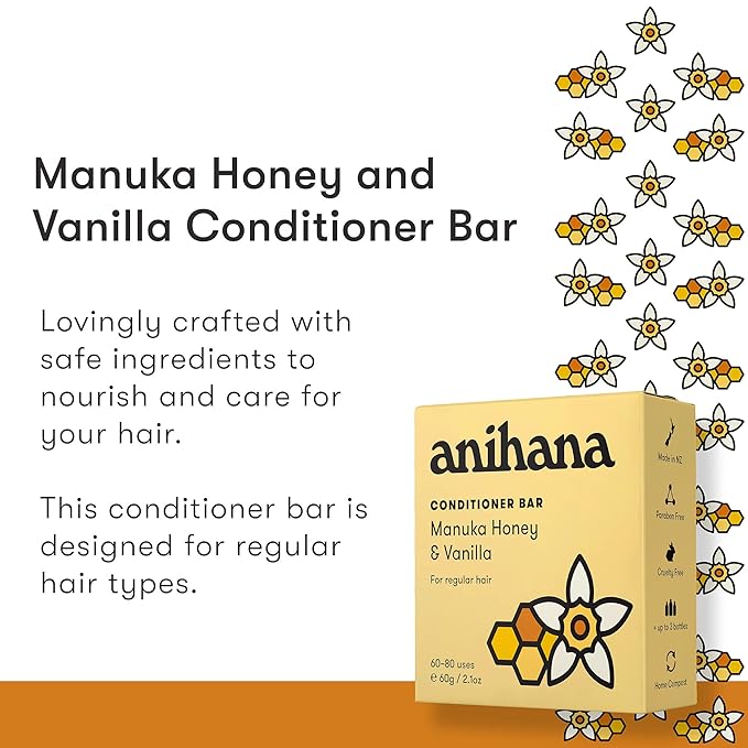 ANIHANA Conditioner Bar for Regular Normal Hair Clean Purifying Natural Healthy Look and Shine Paraben Free Manuka Honey and Vanilla 2.1 oz
