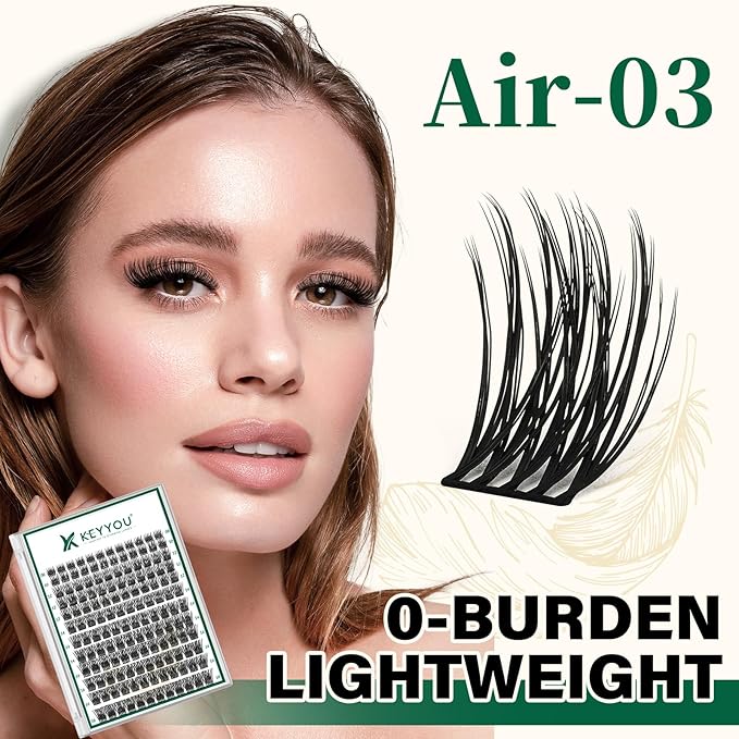 Lash Clusters 144pcs Individual Lashes D Curl 12mm Eyelash Clusters KEYYOU Air Touch Cluster Lashes Super Lightweight Soft Wispy Comfortable Easy DIY at Home(Air03-D-12mm)