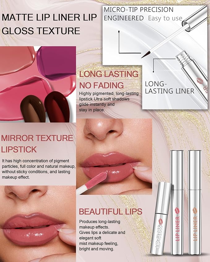 Peel Off Tattoo Lip Liner Stain Lip Gloss Combo Sets, 2 Colors Rose Pink Brown Matte Lip Liner and Nourishing Lip Gloss Tint Stain Kit, Long Lasting Waterproof Non Sticky Liquid Lipstick Makeup-Set 03