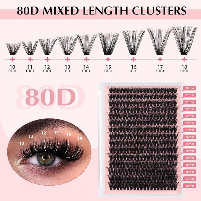 Volume Lash Clusters 80D Thick Eyelash Clusters D Curl Cluster Eyelash Extensions 10-18mm Ultra-Soft Individual Lashes DIY Lash Clusters at Home（80D, 10-18mm）