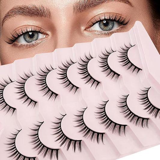 Natural Lashes Manga Lashes Cat Eye Lashes False Eyelashes Natural Look, Yasnai Wispy EyeLashes Short 10mm Wet Look Fake Lashes Volume Lashes, Strips Lashes Eyelashes 7 Pairs Pack