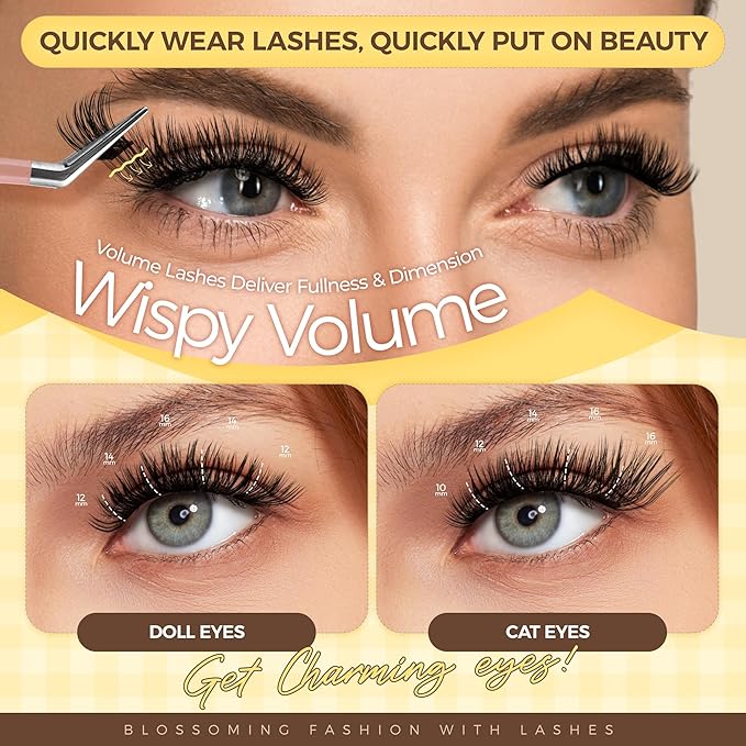 PopUp Self Adhesive Eyelashes Clusters, Press On Lashes Pre Glued Eyelash Extension Kit with Lash Tweezer,10-16mm No Glue No Remover Needed Self Adhesive Lashes Clusters NM03-D
