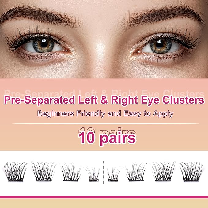 JoMay Self Adhesive Press On Lashes No Glue Needed, Pre-Glued Clusters with Thin Band, Natural Wispy D Curl, Reusable Soft Lashes for Beginners, Pre-Separated L/R 10 Pairs - Wispy Charm Lash Clusters