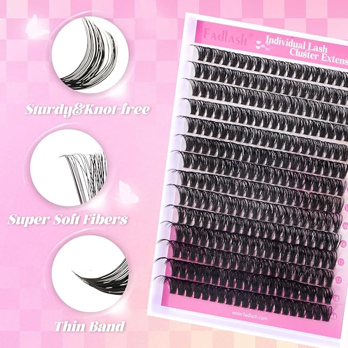 FADLASH DIY Lash Extension Kit Individual Lashes Cluster D Curl Eyelash Extension Kit D Curl Lash Clusters and Lash Applicator Tool for Self Application at Home(KIT 60D-D-12-18mm)
