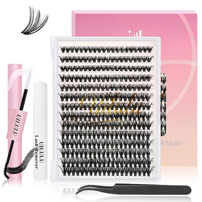 Lash Clusters Kit for DIY Lash Extension at Home, 40D False Eyelashes Set with Bond and Seal, Remover, Tweezers, D Curl Wispy Individual Clusters Eye Lash Extensions Kit (40D DIY Lash Kit)