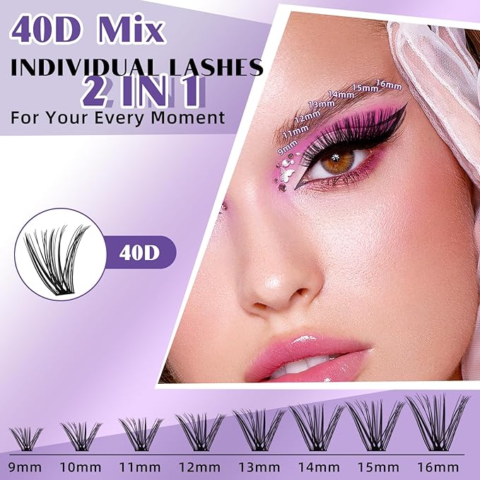 B&Q DIY Lash Extension Kit 280pcs Individual Lashes Cluster 40D C Curl Eyelash Extension Kit with Bond and Seal and Applicator Tool for Self Application (Set,40D-C-9-16MIX)