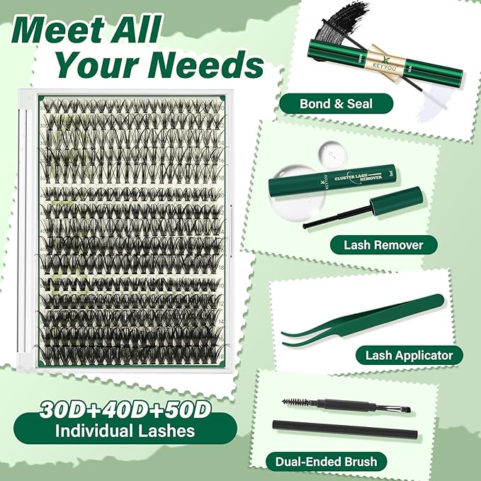 KEYYOU Lash Extension Kit DIY 300Pcs Lash Clusters Eyelash Extension Kit Lash Clusters Kit with Lash Glue Remover Applicator Easy to Use for Beginners(Kit,30D40D50D-C,8-16MIX)