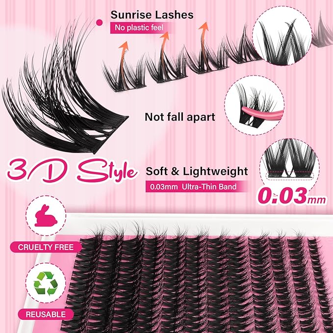 PRO LASHBEAUTY Lash Clusters, Eyelash Clusters 8-18 Mixed Cluster Eyelash Extensions Mixed Lash Extension Reusable Soft & Comfortable (Sunrise,8-16mix)