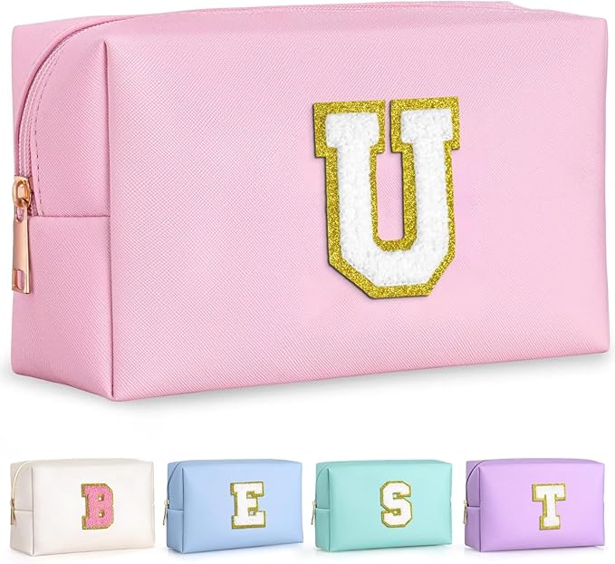 TOPEAST Personalized Chenille Letter Pouch Cosmetic Bag with Zipper, Travel Toiletry Bag, Monogrammed Birthday Gift for Women