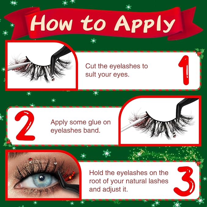Veleasha Christmas LE Lashes Dramatic Eyelashes with Diamonds Cat Eye Lashes Colored False Eyelashes Fluffy Faux Mink Lash with Glue & Tweezers Look Like Lash Extensions (Christmas LE)