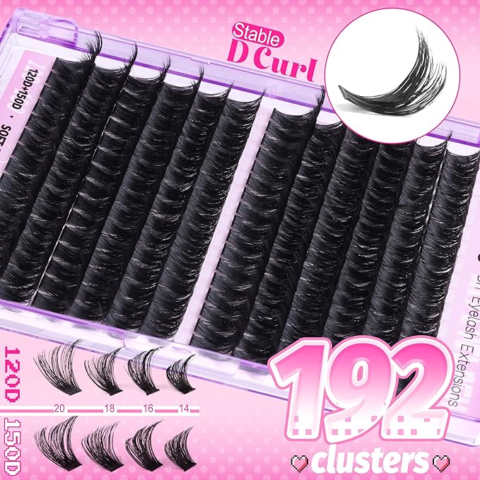 Lash Clusters 14-20MM Long Eyelash Extensions Mega Volume Lash Extensions DIY at Home Thick Cluster Lashes Easy Application Soft D-Curly Individual Lashes (192 Pcs, 120D+150D)