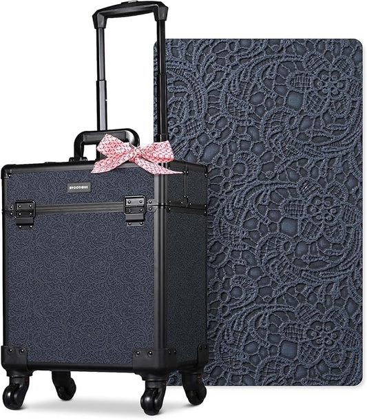 BYOOTIQUE Professional Makeup Train Case Organizer on Wheels Cosmetology Rolling Travel Storage Nail Tech Cart Hairdressing Brush Bags Tattoo Box for Beauty Salon,Rococo Midnight