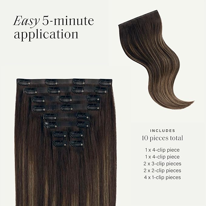 Luxy 100% Remy Human Hair - Seamless Clip-In Hair Extensions - Multi-Dimensional Color for Natural Blending, Adds Volume & Length 50 grams 12" Mocha Bronde Balayage