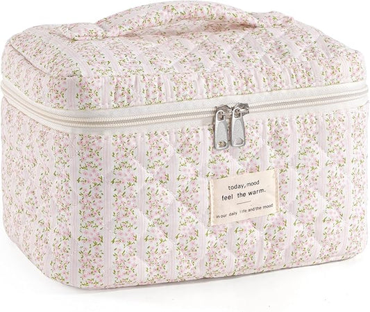Makeup Bag for Women Quilted Cotton Make Up Bag Travel Cosmetic Bag Large Makeup Bag Cute Makeup Bags Organizer Floral Toiletry Bag Makeup Pouch for Purse, Pink Floral B-1PCS