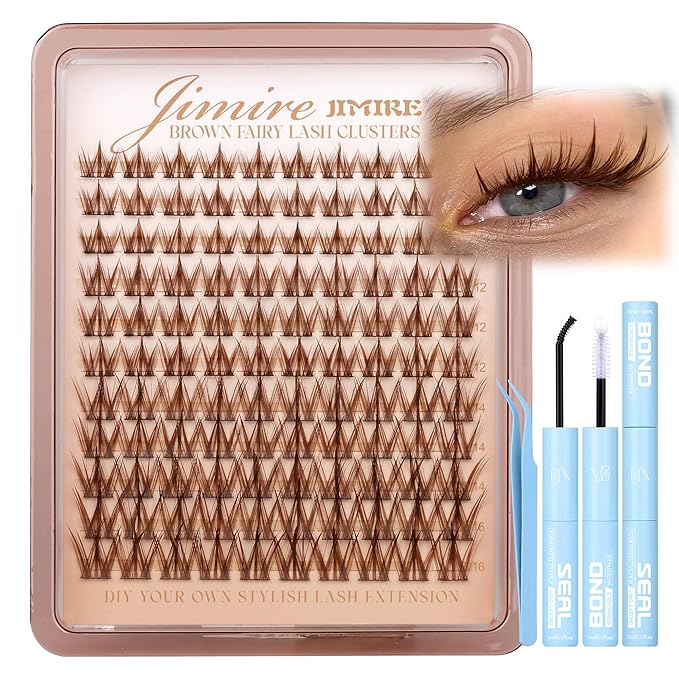 JIMIRE Brown Lash Clusters Kit Manga Lash Extension Kit Natural Look Dark Brown Eyelash Extension Kit 10-16MM CD-Curly Cluster Eyelash Extensions Kit with Lash Bond and Seal 110Pcs DIY at Home