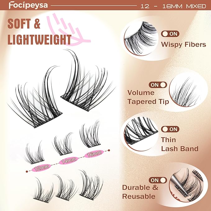 Focipeysa Lashes Clusters Wispy Natural Lash Clusters 10-16mm Eyelash Clusters Individual Eyelashes Pestañas Postizas Naturales Fairy Eyelashes Extensions Natural False Eyelashes