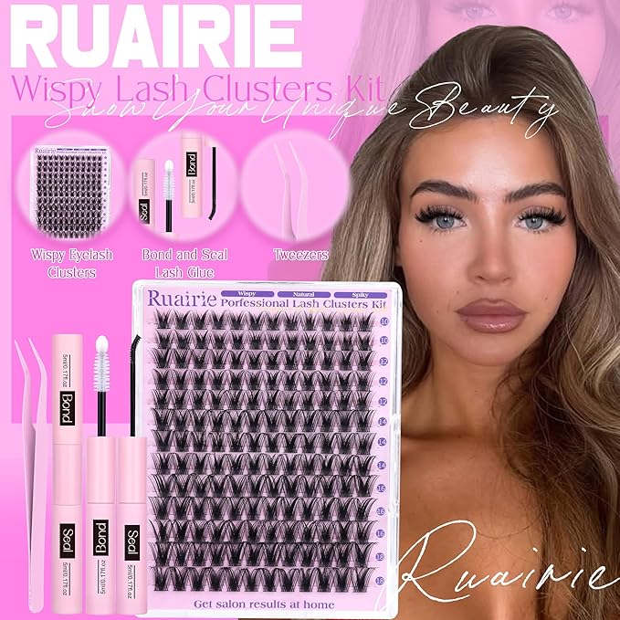 Ruairie Lash Clusters Kit Wispy Individual Lashes Extension Kit for Natural Volume Eyelash Clusters 156pcs 10-18mm DIY Cluster Eyelash Extension Kit with Bond and Seal Lash Glue, Tweezers