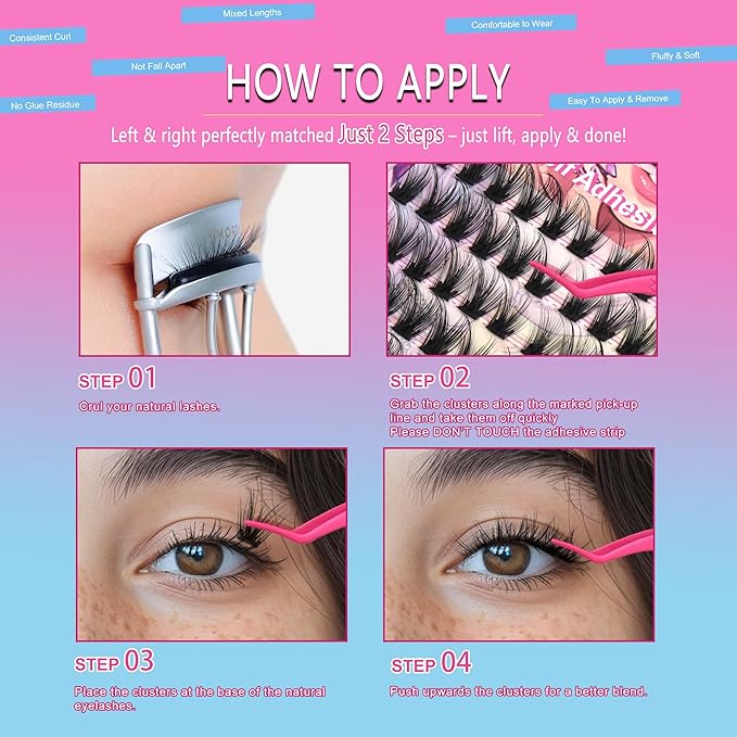 JoMay Self-Adhesive Eyelashes, Press on Lashes No Glue Needed, Glueless Pre-Glued D Curl Cluster Lashes for Beginners, No Residue, Pre-Separated L/R Eye, 1-Step DIY, 120PCS (X10)