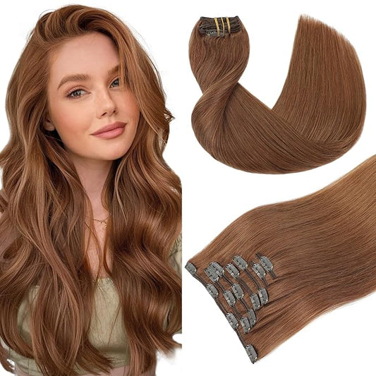 Youngsmile Human Hair Clip in Extensions, Clip on Extensions,Rallonge Cheveux Humain Extension, Thickness Double Weft Human Hair, 7pcs 120g 20inch, Color 33 Auburn (CLIP#33-22Inch)