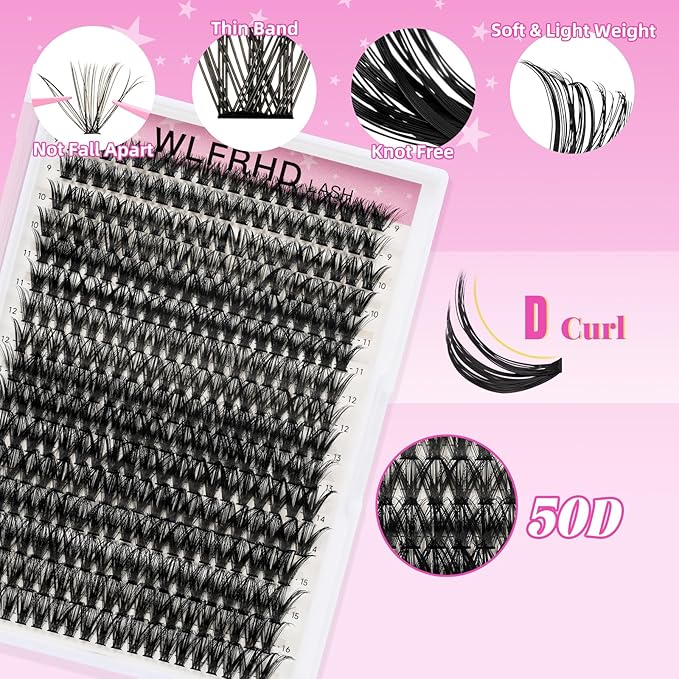 Lash Clusters Kit 320 Pcs DIY Individual Cluster Lashes D Curl Lash Extension Kit with Eyelash Bond and Seal, Remover, Tweezers Applicator Tool for False Eyelash Cluster Kit(50D, Mix9-16mm Kit)