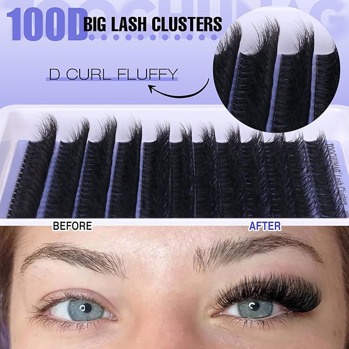 TOOCHUNAG Lash Extension Kit 12-22mm Fluff Cluster Eyelash Extension Kit 100D Thick Volume Lash Clusters Kit D Curly Wispy Cluster Lashes Individual with Lash Bond and Seal and Tweezers
