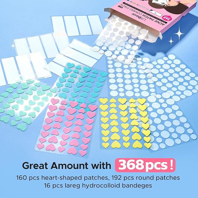 LitBear 3 IN 1 Pimple Patches for Face, 7 Sizes 368 Counts Acne Patches, Hydrocolloid Patches for Covering Zits and Blemishes, Cute Zit Patches for Breakouts, Colorful Spot Stickers for All Skin Types