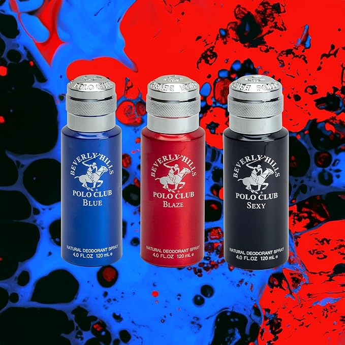 BHPC Men's Deodorant Body Spray Collection - 3 Piece Deodorizing Natural Body Spray Gift Set for Men - Beverly Hills Polo Club Long Lasting Odor Protection Deodorant - Sexy, Blaze and Blue (4 Oz Each)