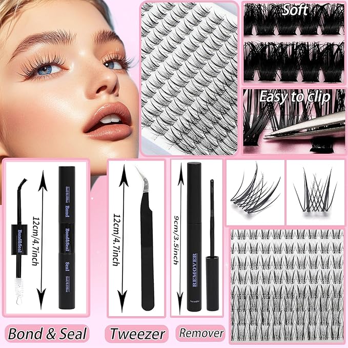 Lash Clusters Kit, Eyelash Clusters Individual Lash Extension Kit D Curl Fluffy Wispy False Eyelashes Extensions Thin Band with Bond Seal Tweezers Brush (SMY-XYJ-KIT)