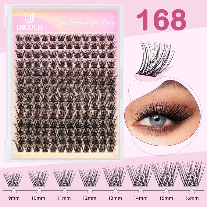 Lash Clusters for DIY Lash Extension at Home, Wispy Natural Individual Clusters Lashes False Eyelashes 168 Count 0.07D 9-16MM Mix D Curl Eye Lash Extensions (U02 Lash 9-16MM)