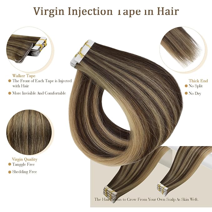 Full Shine Injected Tape in Hair Extensions 5Pcs Machine Remy Virgin Tape in Extensions Color BM Brown Seamless Invisible Extension 14 Inch Injection Human Hair Extension 10Gram Add Volume
