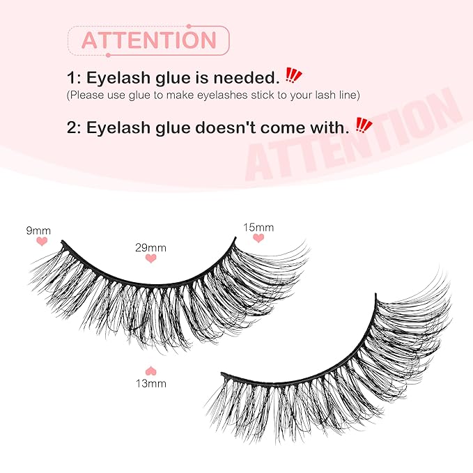 Natural Lashes Spiky False Eyelashes Wispy Look Invisible Band Flared Eyelashes False Eye Lashes Soft Fluffy Lashes 8 Pairs Black 9-15MM