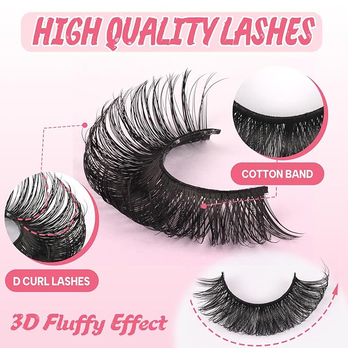 Ahrikiss Lashes Russian Strip Lashes That Look Like Extensions D Curl Wispy False Eyelashes 10 Pairs 3D Volume Fake Lashes Fluffy Faux Mink Lashes Natural Look (D16)