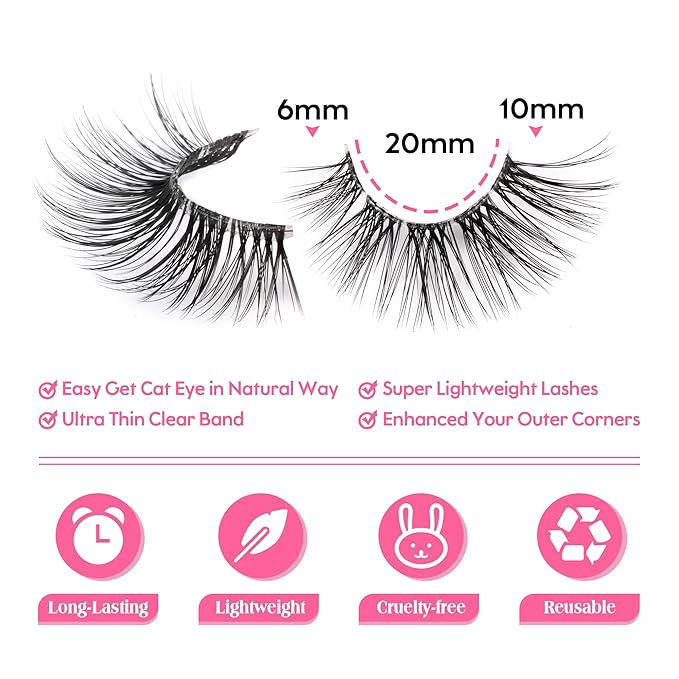 JIMIRE Half Lashes with Clear Band Cat-Eye Lashes Fluffy Wispy Accent False Eyelashes Natural Look Handmade Soft DIY Cluster Lashes Pack 7 Pairs