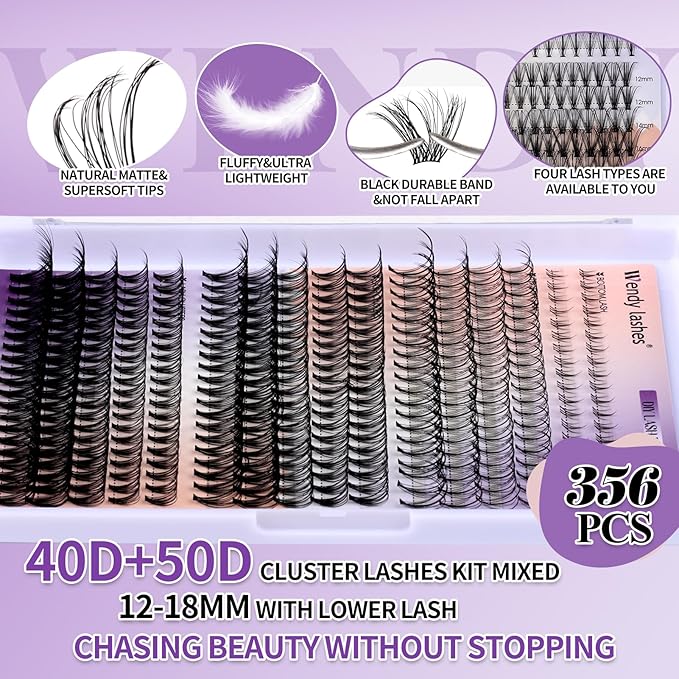 Lash Clusters With Bottom Lashes 356PCS 40D/50D Multi-types Fluffy Lash Clusters C/D Curl Wispy Individual Lashes Spike Volume Cluster Eyelash Extensions By Wendy Lashes(40/50D-0.07D)