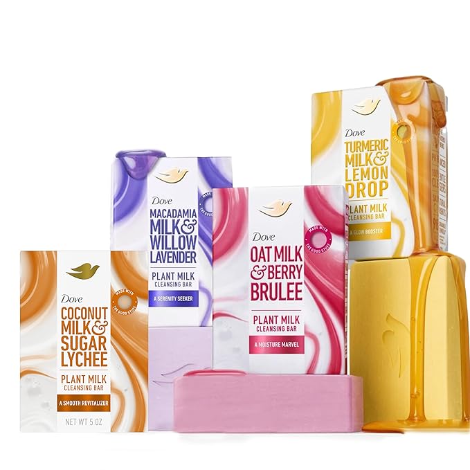 Dove Plant Milk Cleansing Bar Soap Variety Pack 4 for Moisturized Skin, with Gentle Cleansers, No Sulfate Cleansers or Parabens, 98% Biodegradable Formula, 5 oz