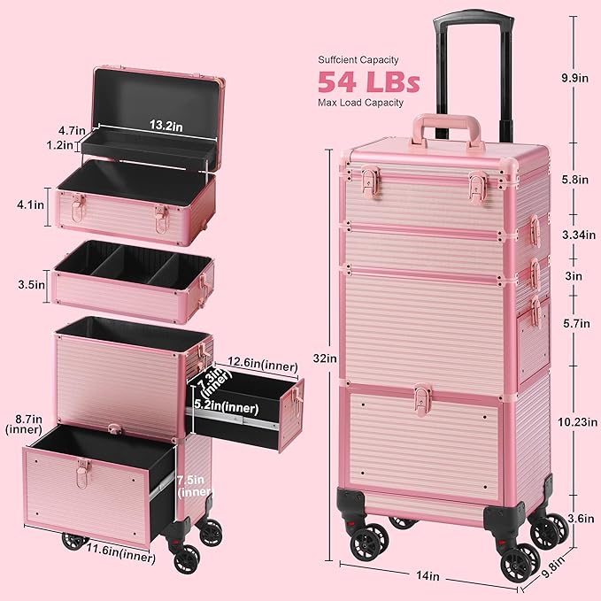 Makeup Train Case with Drawer, Rolling Makeup Case, Cosmetology Case on Wheels, Gift, Travel Makeup Organizers, Profesional Cosmetic Case for Salon Barber,Nail, Tattoo, Pink