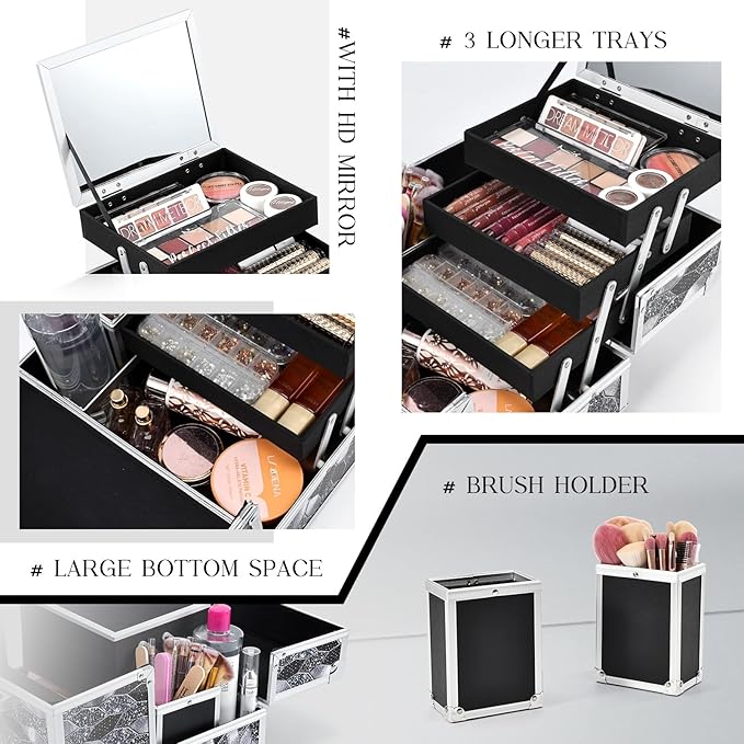 Joligrace Makeup Box 10 Inch Cosmetic Train Case for Women Travel Jewelry Organizer with Compartments & Mirror Portable Lockable Make-up Organizer Box - Mosaic Tiles Print