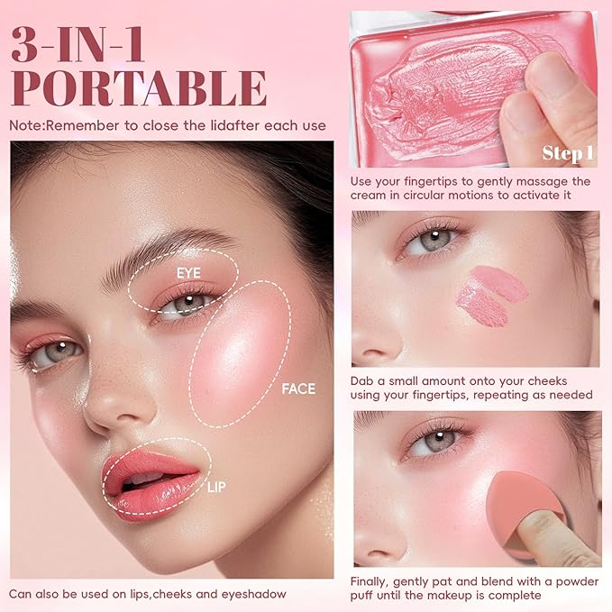Gloss Glow Blush Palette for Cheeks and Lips, Natural Shimmer Dewy Glow Face Highlighter Nude Cream Blush Gloss Skin, Lightweight Blendable Multiuse Face Lip Makeup Palette 02Pink