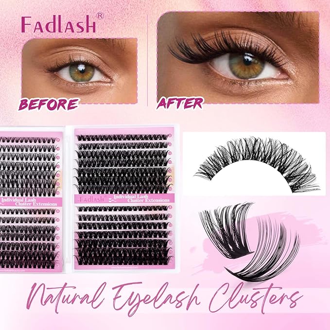 FADLASH Lash Clusters 30D+40D+50D+60D Eyelash Clusters 560PCS Individual Lashes D Curl Natural Lashes Clusters 8-16mm Wispy Cluster Eyelash Extensions for Beginners