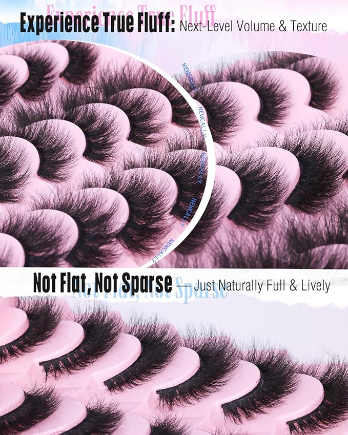 Newcally False Eyelashes Thick Volume Wispy Faux Mink Lashes 8D Volume Long Cat Eye Lashes Dramatic 18MM 2 Styles Mixed Fake Lashes 14 Pairs Pack