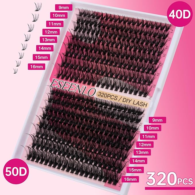 320pcs Lash Clusters 9-16mm 40D 50D Eyelash Extension Kit, Individual Lashes Kit with Bond and Seal, Lash Tweezers