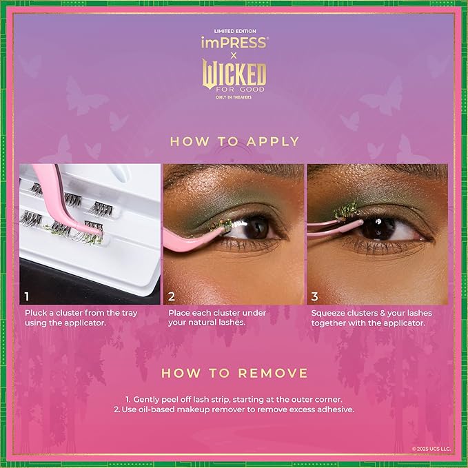 imPRESS X WICKED: FOR GOOD Press On Self Adhesive Eyelashes, ‘Forever My Friend’, 8mm-10mm Natural Volume Press On Lashes, Purple Glitter, 12 Lash Clusters & Non-Stick Mini Applicator