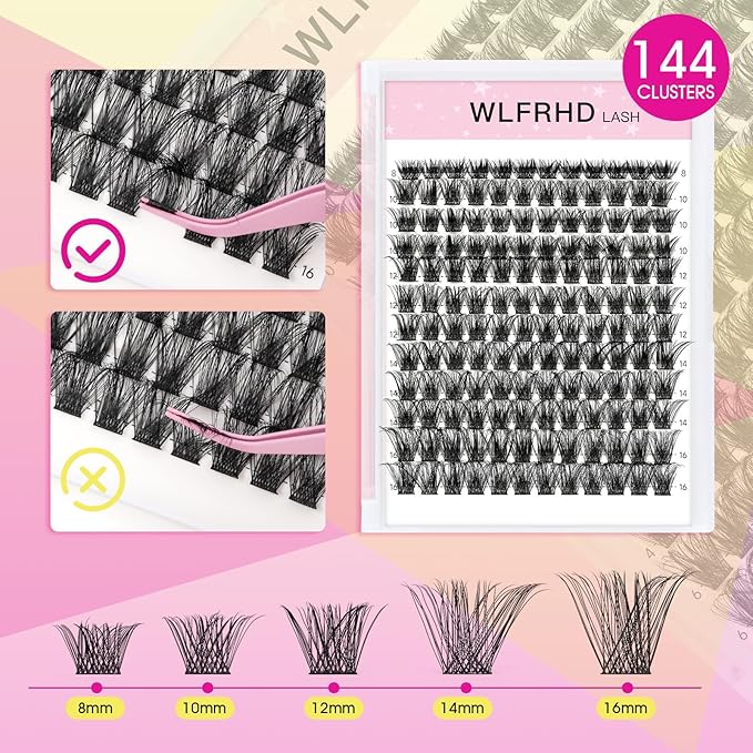 Lash Extension Kit,144 pcs Lash Clusters Kit Individual D Curl Lash Kit with Eyelash Bond and Seal Waterproof and Applicator for False Eyelashes Extension(Cove-Mix 8-16mm Kit)